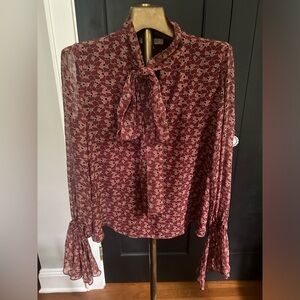 Alexis silk burgundy floral bow tie blouse. Size Small